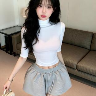 新款 纯欲风半高领七分袖 修身 上衣女夏季 辣妹露脐抽绳运动短裙套装