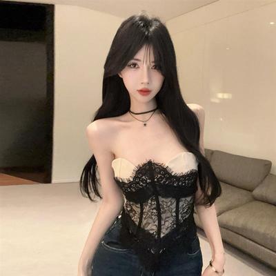 时尚性感睫毛蕾丝撞色一字肩裹胸背心气质辣妹无袖露背系绳上衣女