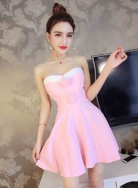 夏季网红主播服饰性感收腰显瘦抹胸毛毛球大摆礼服连衣裙