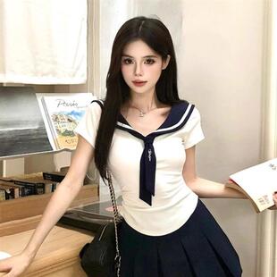 显瘦上衣 夏季 海军领收腰短袖 T恤女学生装 甜美制服学院风白色修身