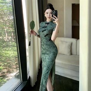 新中式素雅复古网纱印花盘扣改良旗袍性感气质包臀高开叉连衣裙女