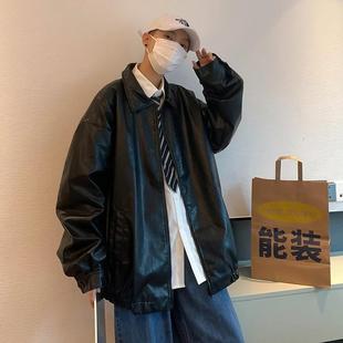 美式 宽松 复古痞帅PU皮夹克机车皮衣外套男士 港风潮流高街秋冬季