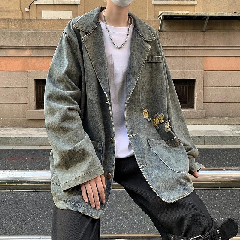 男做旧牛仔外套夹克西服潮牌休闲美式秋冬季水洗宽松