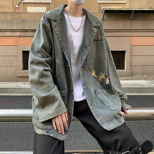 秋冬季 男做旧牛仔外套夹克西服潮牌休闲美式 水洗宽松