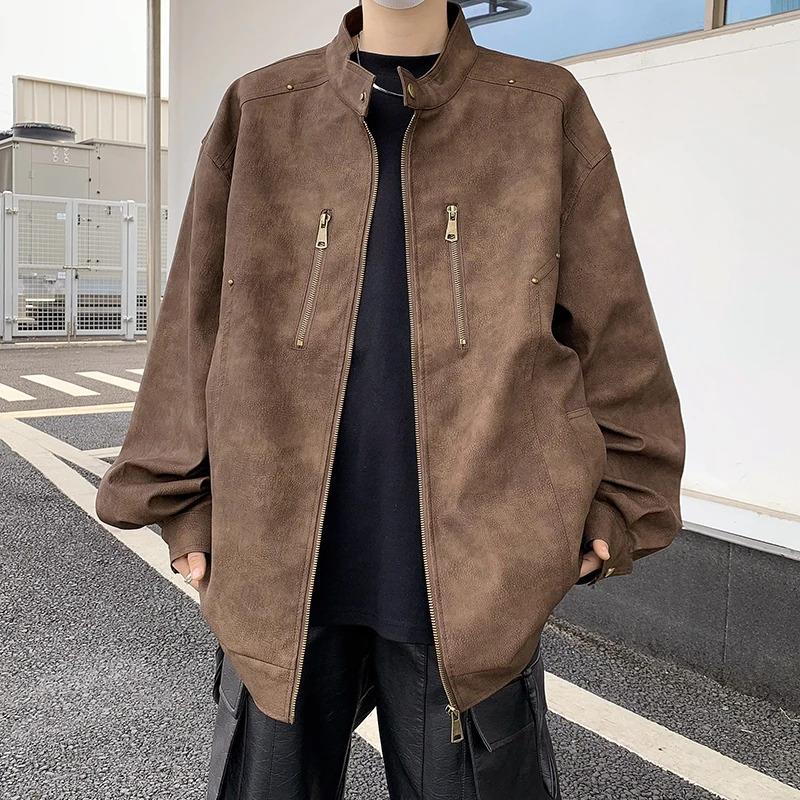 立领机车2025外套男皮衣春秋美式痞帅青年铆钉复古做旧PU皮夹克