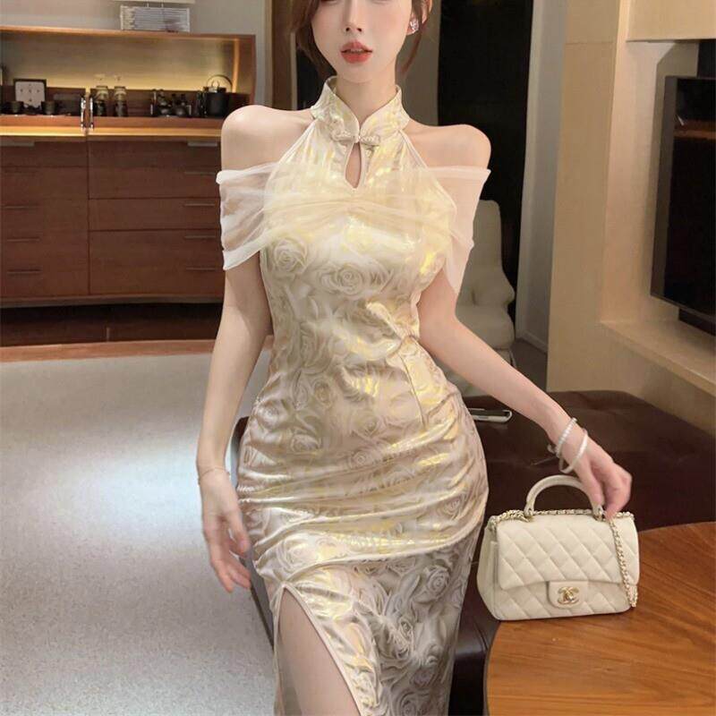 轻奢国风洋气漂亮旗袍连衣裙女性感开叉高级感中式网纱拼接包臀裙
