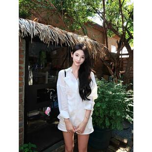 韩版简约白色polo领长袖衬衫女秋季慵懒宽松休闲百搭气质衬衣外套