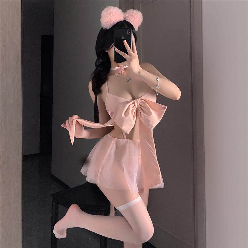 纯欲性感低胸无袖挂脖甜美蝴蝶结粉色连体衣透视网纱短裙制服套装