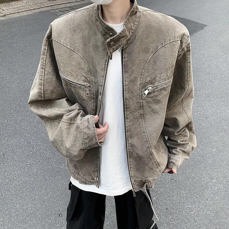 拉链灰色春秋男外套牛仔外套复古潮牌美式水洗立领短款