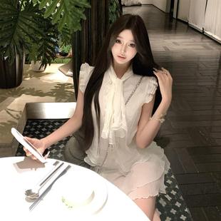 潮 甜美纯欲设计感木耳边荷叶袖 百搭小衫 上衣 温柔淑女半身裙套装