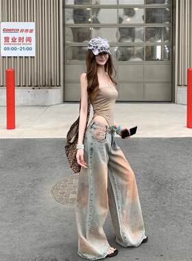 外穿镂空修身性感抹胸连体上衣+小众辣妹宽松阔腿牛仔裤套装潮