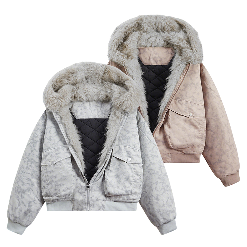 冬款男女棉衣外套工装毛领迷彩二开加绒连帽