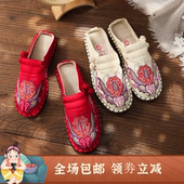 老北京布鞋 办公室 女千层底刺绣包头居家民族风外穿休闲平底半拖鞋