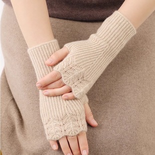 秋冬新款100%纯羊毛针织手套女半指露指护腕无指手套保暖防寒手套