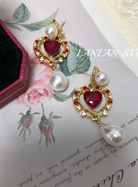 巴洛克复古宫廷风红色爱心耳钉长款珍珠耳环水滴耳饰s925银针耳夹