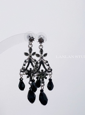 复古轻奢黑色水晶宝石吊坠古典耳环古代宫廷巴洛克高级感婚纱礼服