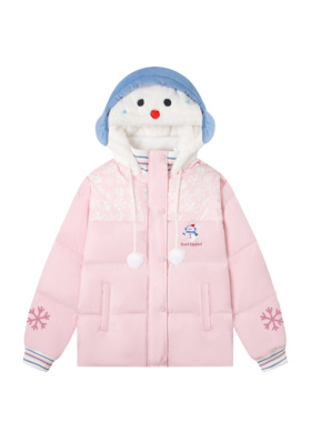 FOCK原创设计可爱毛绒雪人刺绣拼接连帽棉服女秋冬加厚保暖外套萌