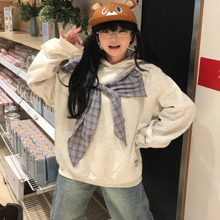 复古蝴蝶结绑带连帽卫衣女秋冬宽松慵懒风上衣潮 文文不乖原创美式
