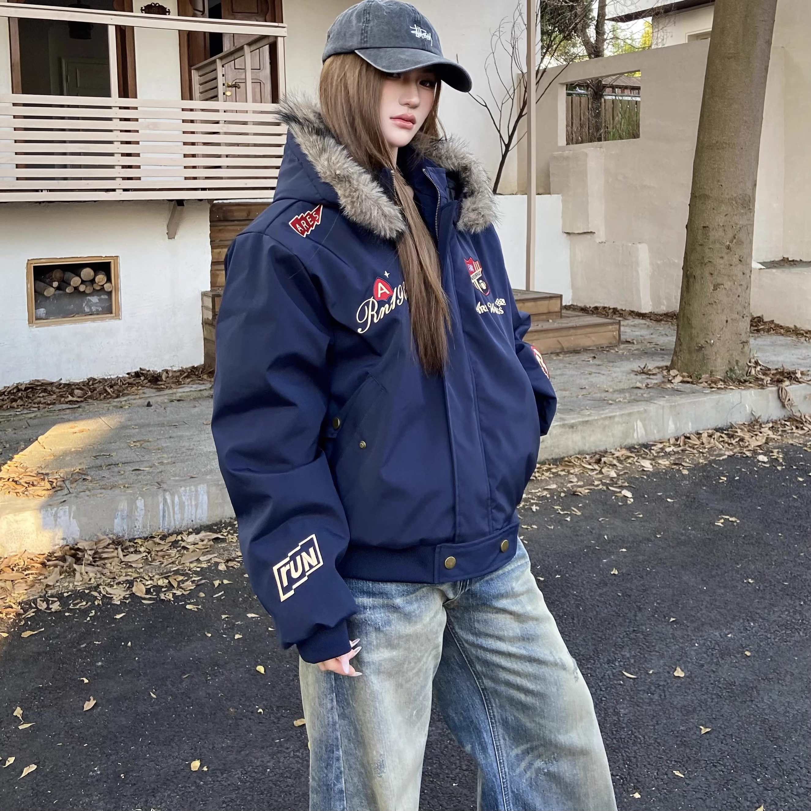 美式复古刺绣徽章座山雕棉衣外套