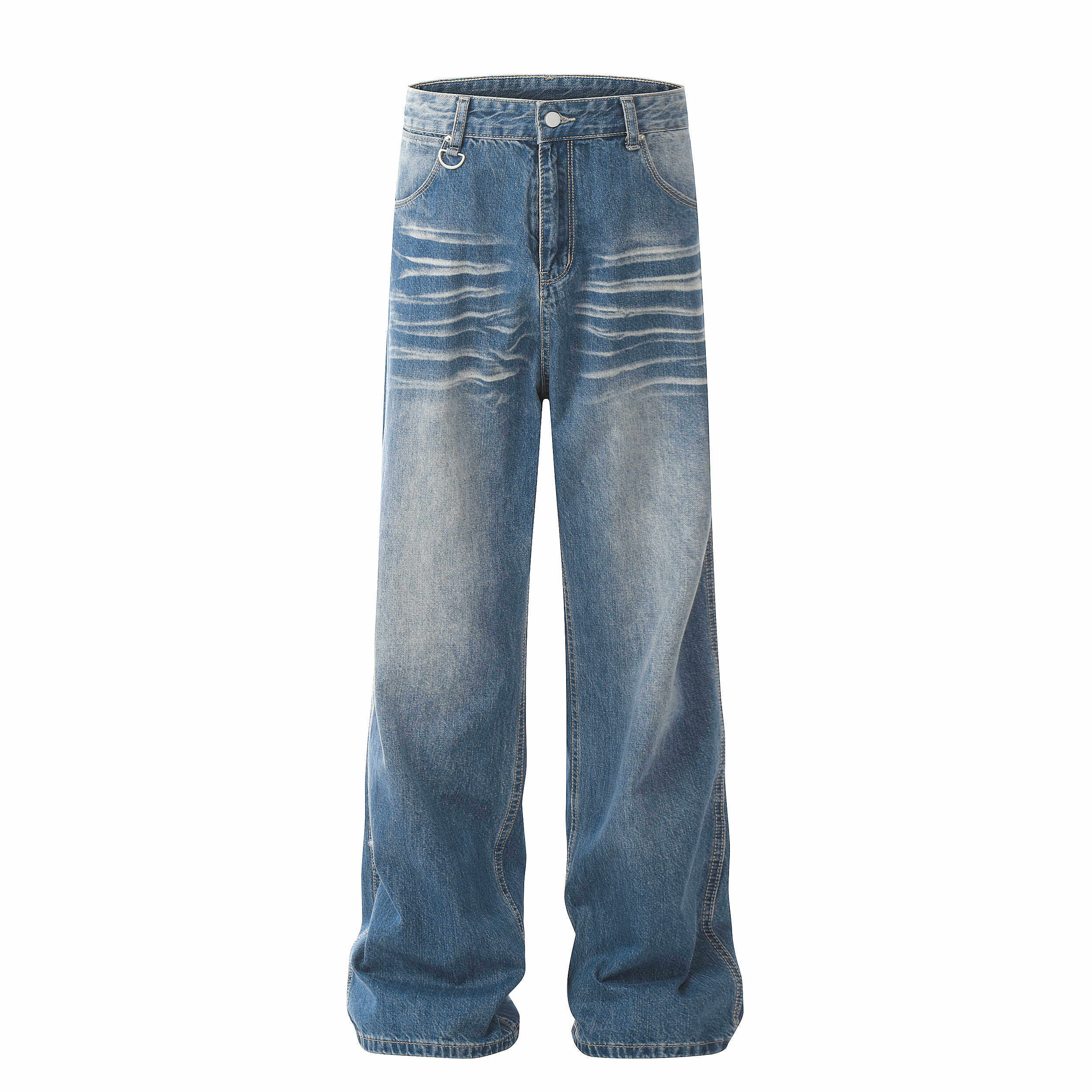 月球中心美式小众设计感水洗猫须牛仔裤韩风宽松长款直筒裤男女