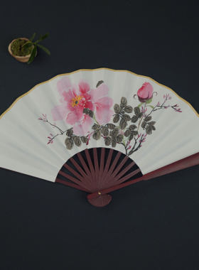 纯手绘牡丹花扇子8-10寸古风定制书法免费题字中国风花开富贵折扇