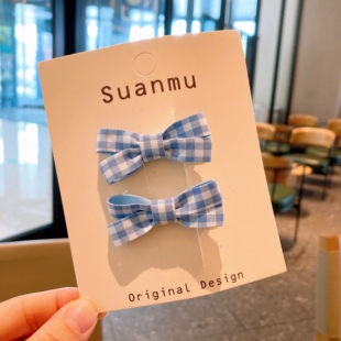 女童蓝白格纹蝴蝶结发夹甜美可爱侧边夹儿童公主碎发卡不伤发头饰