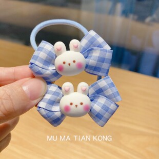 木马天空春季新款蓝色格子蝴蝶结发圈可爱卡通小兔子皮筋女童头饰