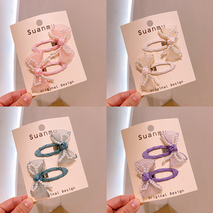 韩版甜美珍珠蝴蝶结发夹可爱雪纱BB夹镂空水滴刘海侧边夹儿童发饰