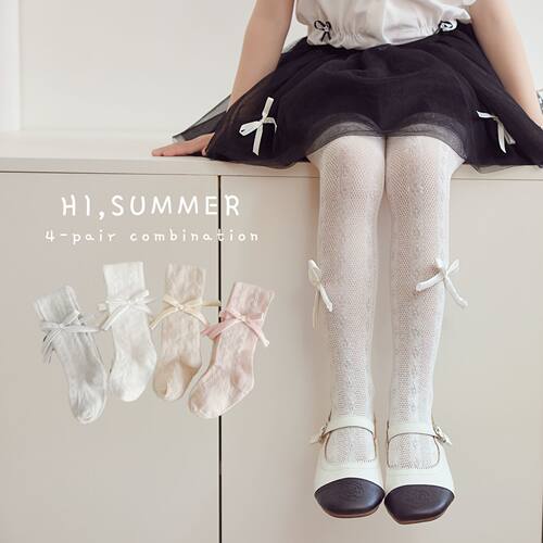 女童连裤袜夏季薄款儿童棉网眼打底裤韩系蝴蝶结女宝宝打底袜夏款