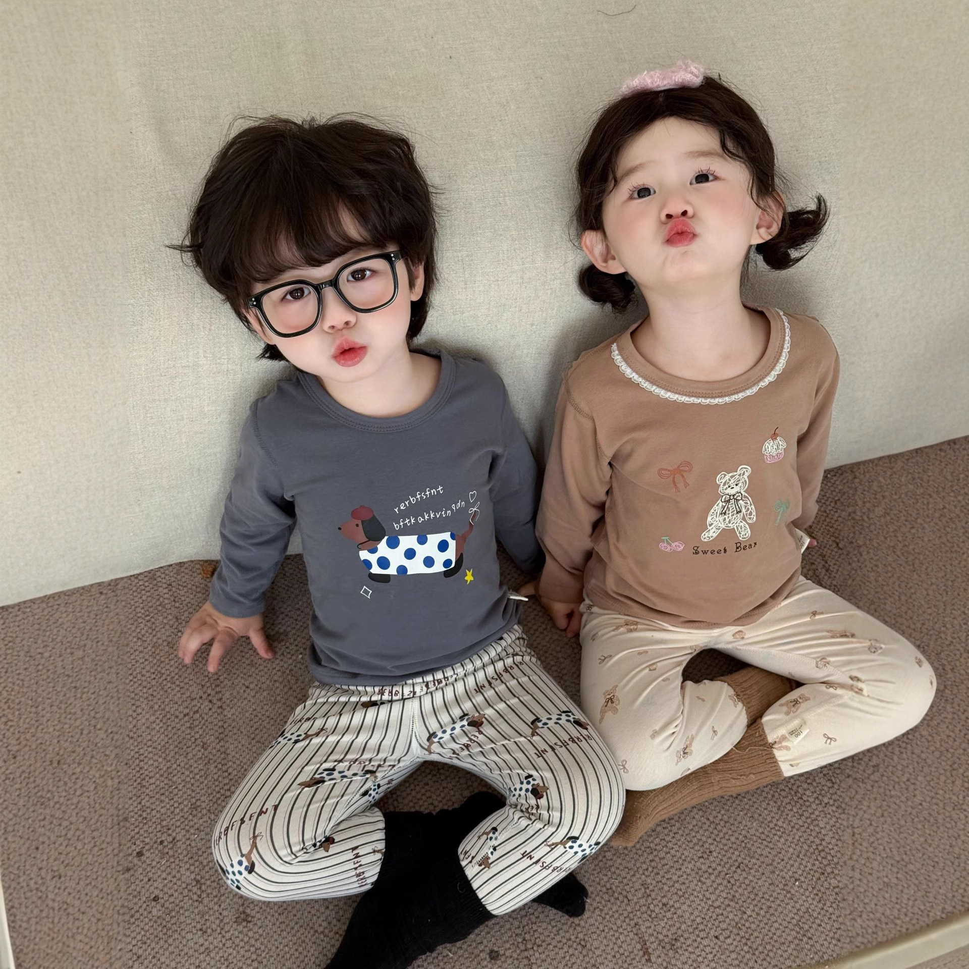 儿童秋莱卡无骨纯棉磨毛保暖内衣套装男女童秋衣秋裤秋宝宝家居服