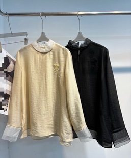 时尚立领拼接双层欧根纱串珠刺绣水母长袖衬衫人丝提花衬衫上衣