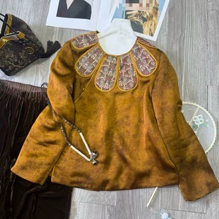 香云纱皮子提花花瓣领棉服新中式国风复古提花上衣真丝提花外套女