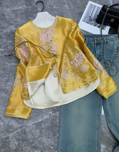 重磅醋酸刺绣外套新中式国风盘扣上衣女宽松显瘦百搭长袖衬衫上衣