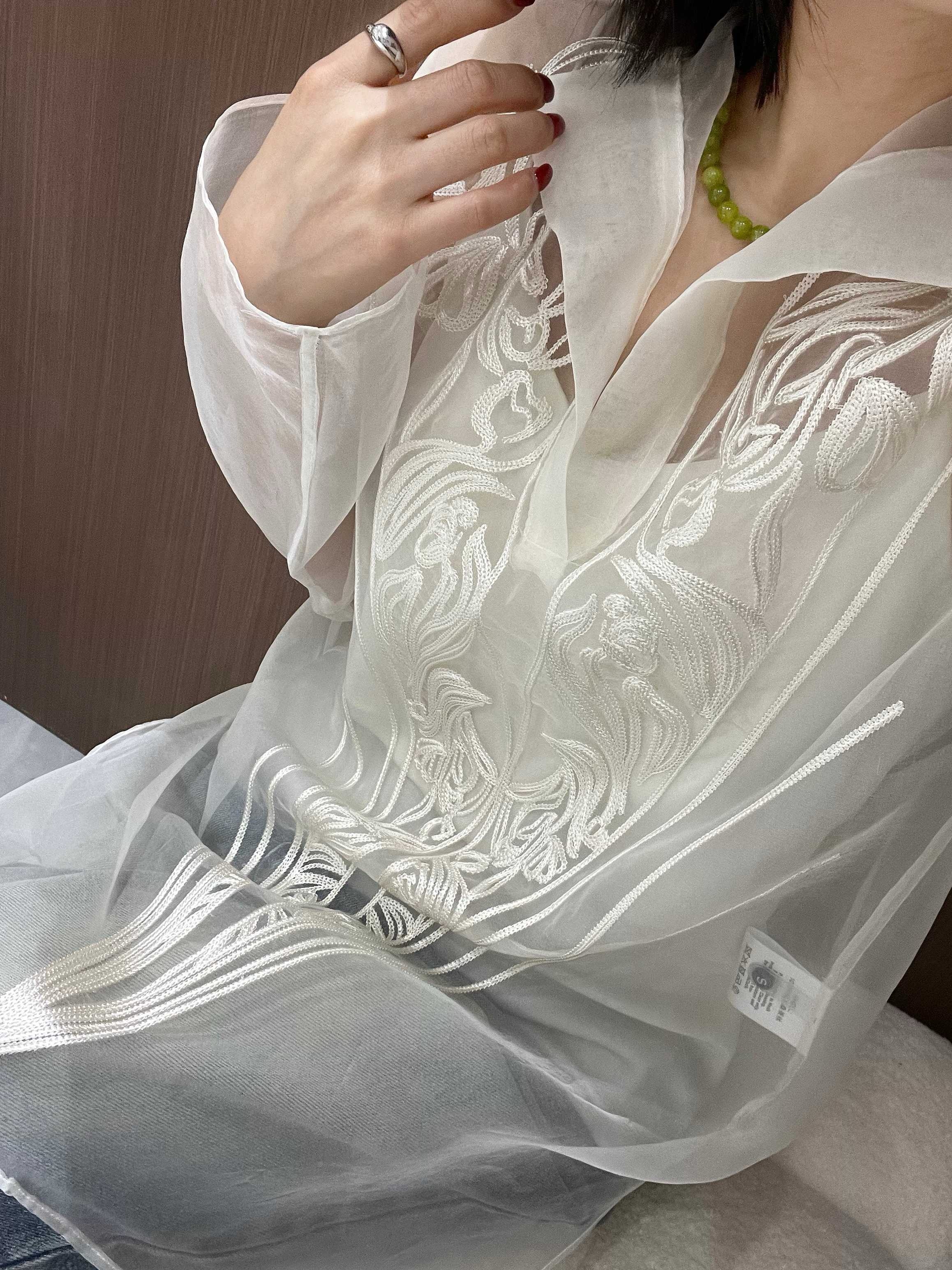 重工刺绣真丝欧根纱上衣重工刺感宽松白色衬衫女慵懒感衬衣外套春