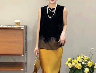真丝丝绒绣花订珠短袖T恤新中式国风圆领盘扣上衣
