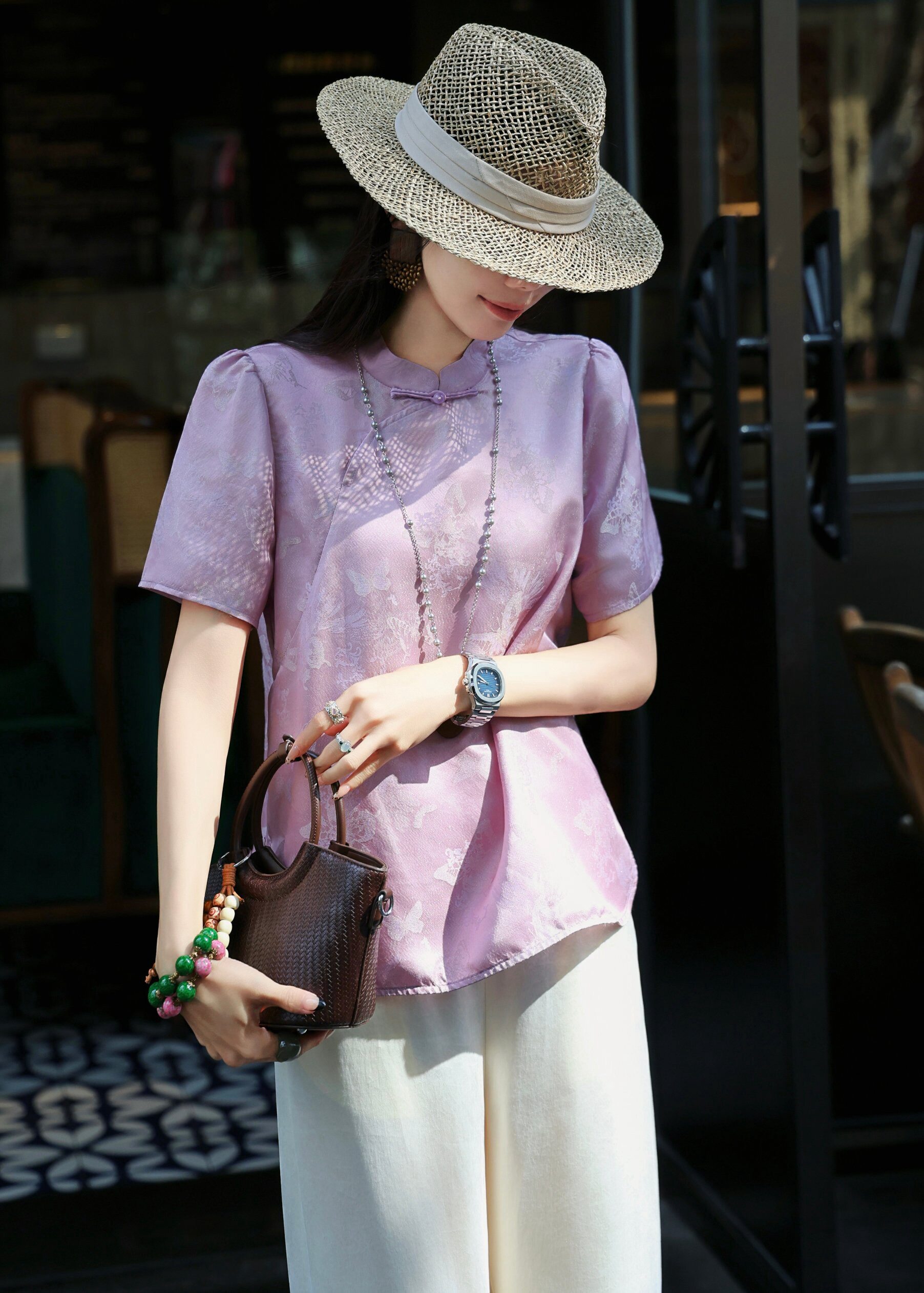 桑蚕丝蝴蝶提花立领泡泡袖上衣新中式国风圆领重工刺绣花无袖上衣