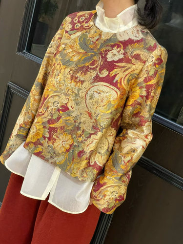 真丝香云纱印花外套新中式国风圆领盘扣宽松显瘦百搭长袖衬衫上衣