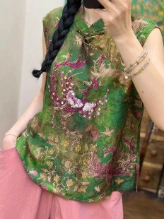 真丝香云纱定位法绣绣花上衣新中式国风立领盘扣提花上衣时尚气质