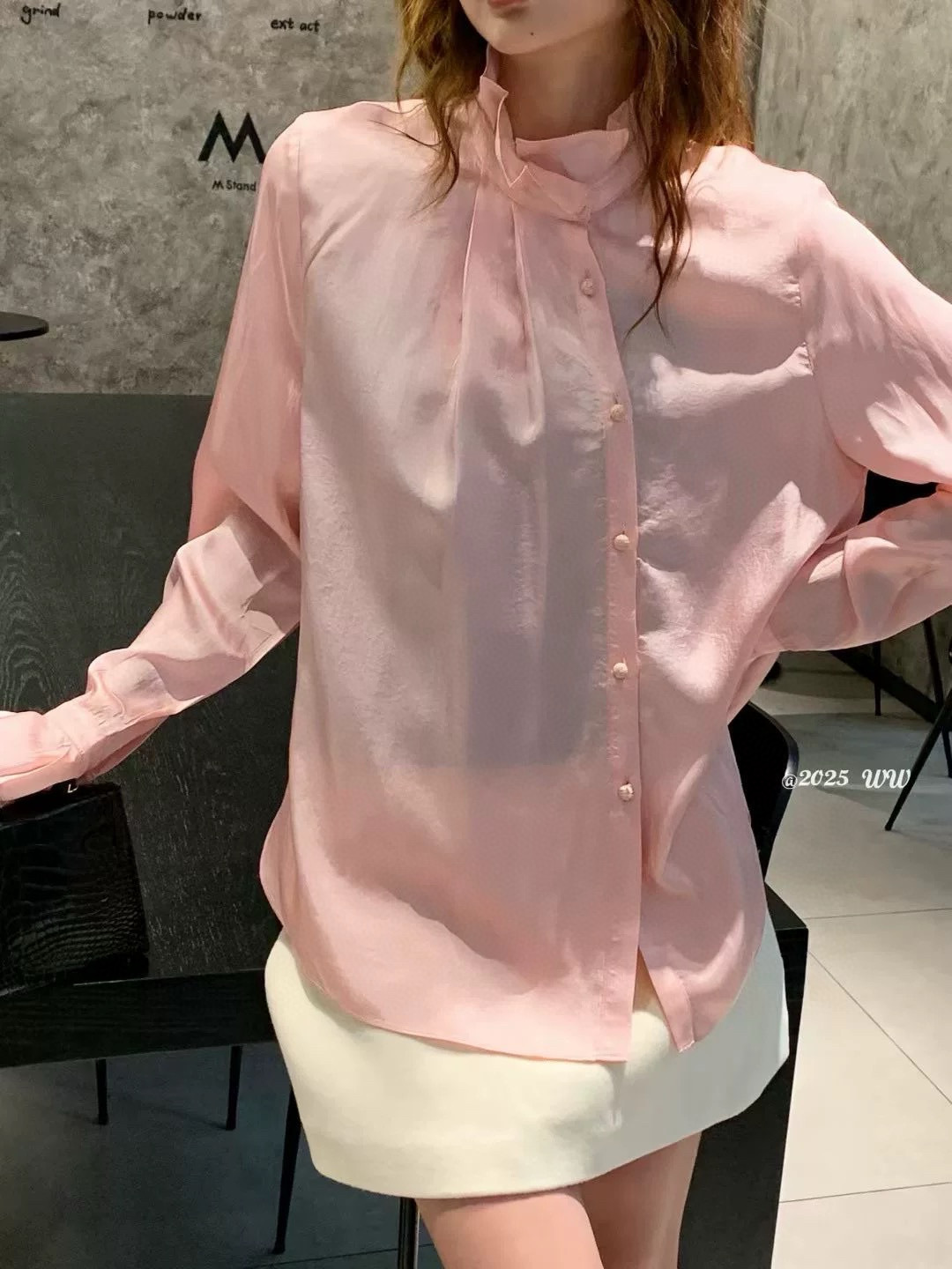 欧货新款醋酸衬衫女内搭立领新中式上衣白色衬衣斜襟打底衫