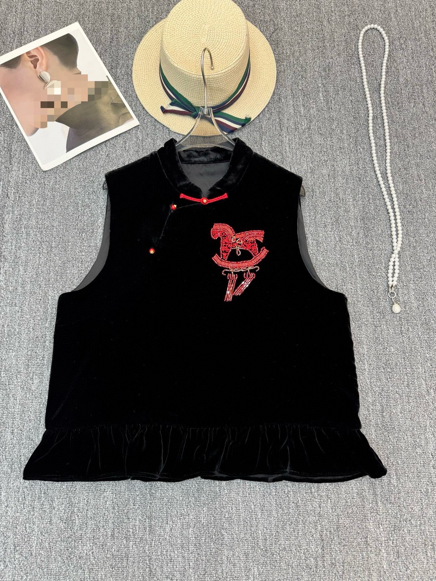 真丝丝绒红紫马马甲荷叶边下摆立领开叉新中式桑蚕丝衬衫改良年轻