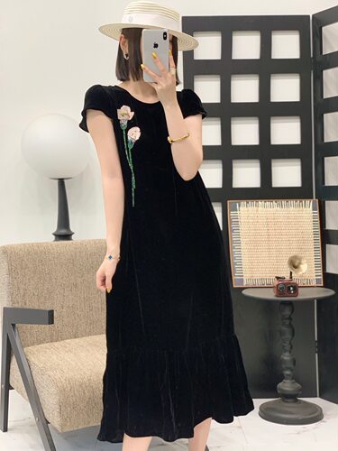 真丝丝绒连衣裙连衣裙新中式国风立领盘扣提花上衣时尚气质优雅