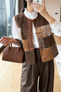 桑蚕丝龟裂纹香云纱拼接宋锦香云纱元素撞门襟刺绣马甲新中式上衣