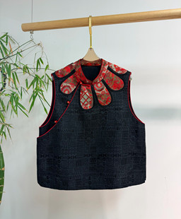 柞蚕丝提花人丝香云纱马甲新中式国风盘扣立领衬衣女叠穿马夹坎肩