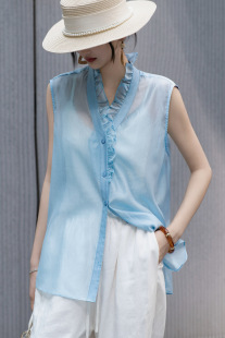 国风圆领衬衫 V领木耳边无袖 剪裁通勤显白百搭单品天丝上衣新中式