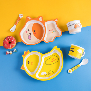 卡通竹纤维植物餐具家用儿童分格餐盘宝宝辅食饭碗小孩学吃饭勺叉