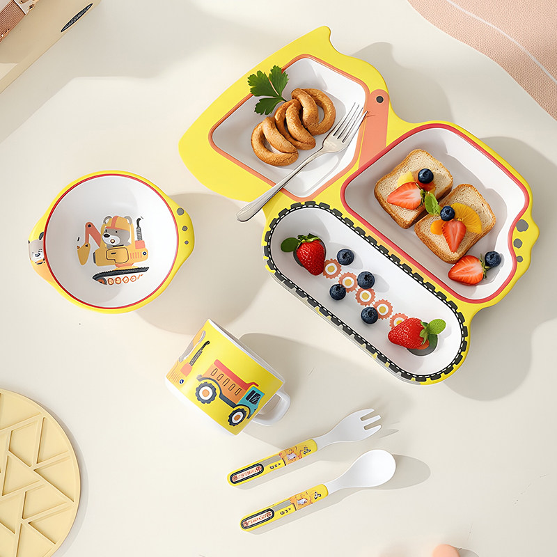 竹纤维儿童餐具套装卡通辅食碗宝宝吃饭分格盘子小孩子餐盘勺叉杯