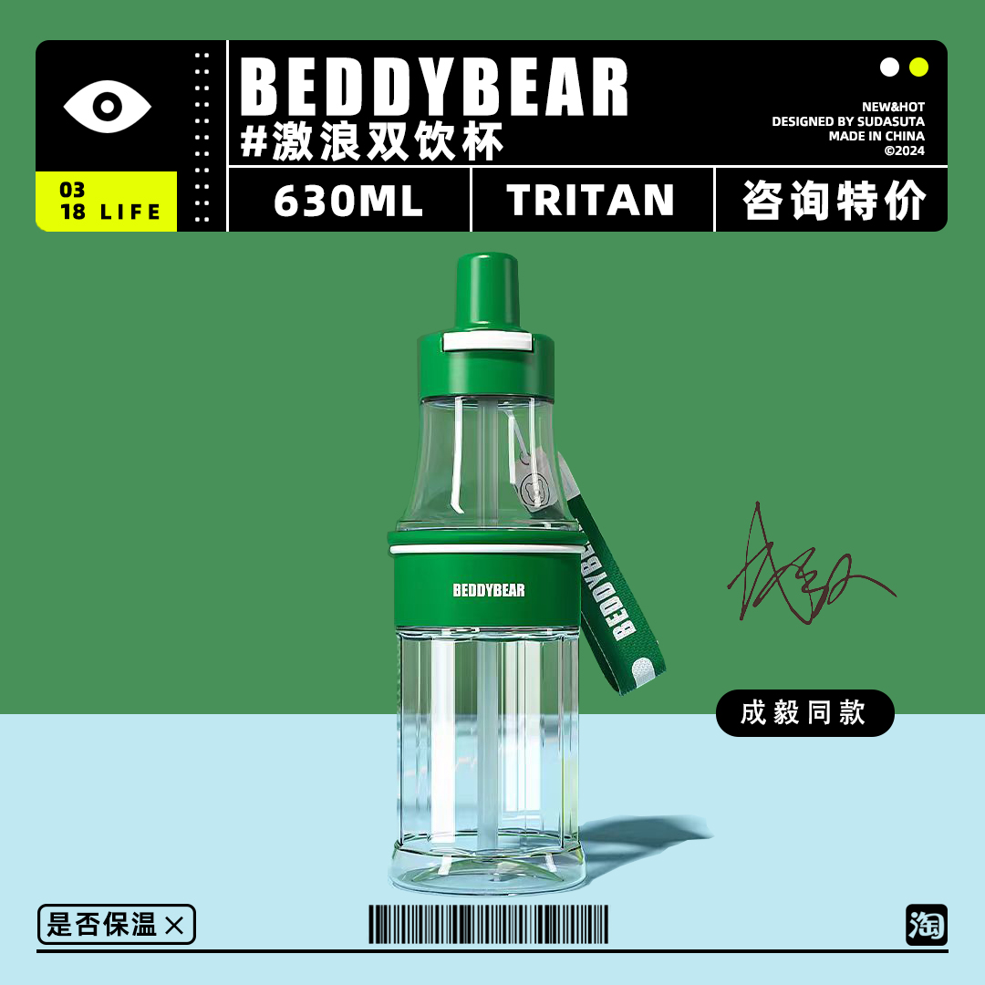 BEDDYBEAR 杯具熊激浪双饮透明塑料杯美式复古吸管直饮学生杯成毅 餐饮具 随手杯 原图主图