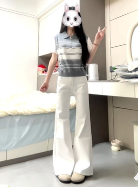 美式低腰微喇牛仔裤女夏天白色百搭阔腿宽松不贴腿遮肉显瘦喇叭裤