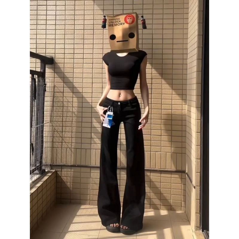 黑色微喇牛仔裤女宽松夏天2026薄款阔腿低腰直筒遮肉显瘦喇叭裤子图片