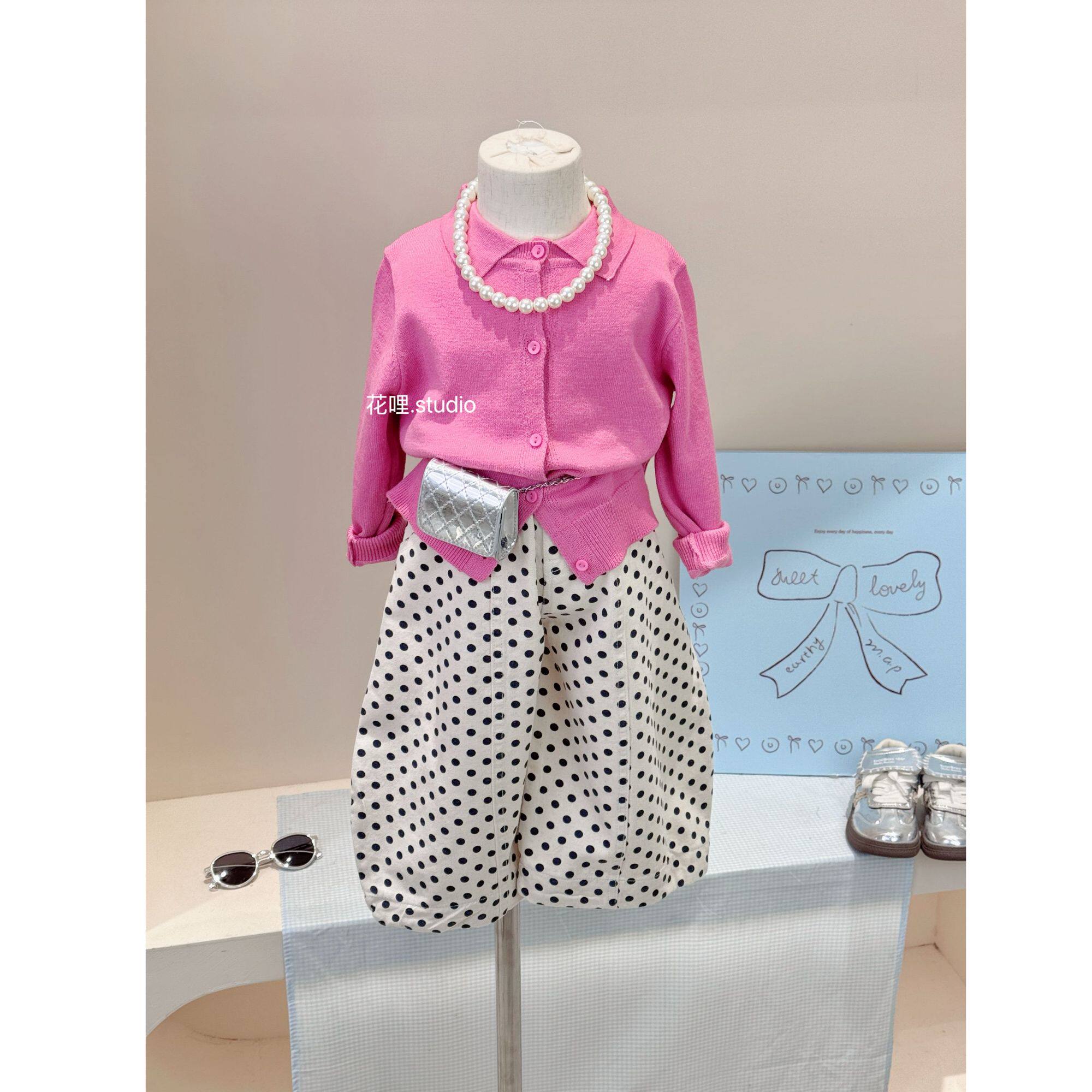 女童春装新款树莓粉翻领开衫女宝洋气细针针织外套百搭纯色毛线衣